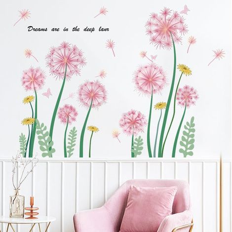 2 pegatinas de pared con flores, pegatinas de pared con flores para sala de estar, calcomanías de pared de diente de león (1/5)
