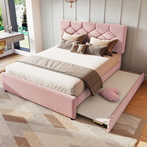 Lit 140x200 avec lit gigogne en velours rose HAVRYA (1/5)