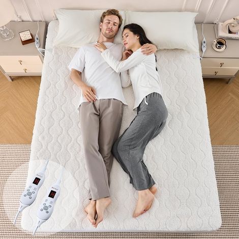 Couverture Chauffante 2 Places - Surmatelas Chauffant 150x200cm Tissu Sherpa Blanc 200g/m² Ultra-Doux 45cm Deep Pocket 2 Zones (1/5)