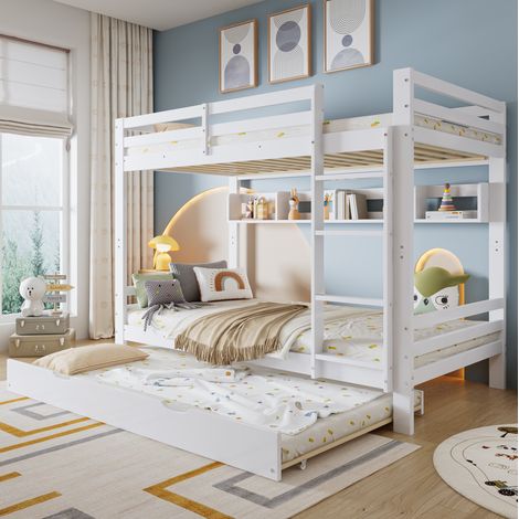 Letto a castello per bambini 90x200 cm bianco in pino, MDF e compensato, con letto estraibile, scala e scaffale 2 m (1/5)