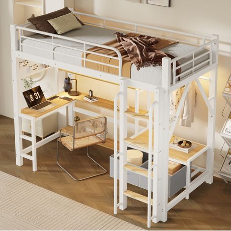 Letto a soppalco 90 x 200 cm con scrivania, contenitore, LED e USB, bianco OKMYHOME (1/5)