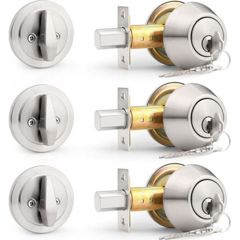 Side-lock security cylinder with brushed satin nickel key and key handle, 3 pieces (1/5)