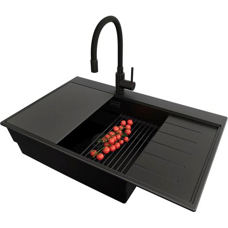PRIMAGRAN Evier Cuisine en Granit 78x50cm,Lavabo 1 bac + Robinet 40x38cm + Kit de Vidage + Accessoires, Évier à Encastrer au meuble 60cm - Sydney, Tout Noir (1/5)