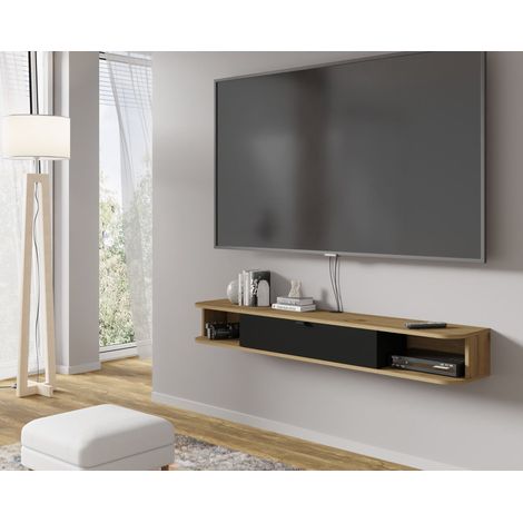 Bim Furniture – Meuble TV de salon ICARUS chêne noir mat – Dimensions 156x29x20 cm – Panneau stratifié 16 mm avec passage câbles – 2 étagères latérales