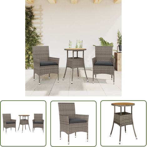 The Living Store Ensemble à manger de jardin et coussins 3 pcs gris rotin acacia - Salon De Jardin - Mobilier De Jardin - Set De Salon De Jardin - Table De Jardin - Chaises De Jardin (1/5)