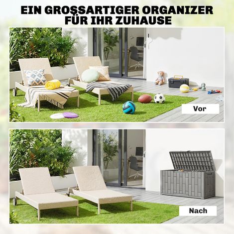 Coffre de jardin étanche 227 L, verrouillable, résistant aux UV, finition imitation bois, gris 106,5 x 43 x 54,5 cm (1/4)