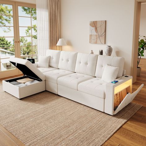 Canapé Convertible 4 places en lin, Canapé d'Angle ouverture express avec repose-pieds positionnable et rangement intégré, double rangement accoudoirs, ports USB et Type-C, LED d'ambiance (1/5)