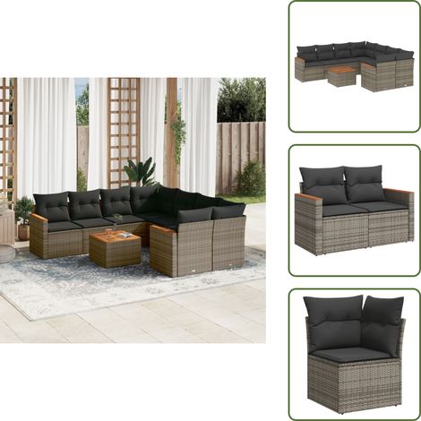 9-tlg. Garten-Sofagarnitur mit Kissen Grau Poly Rattan - Gartenmöbel Set - Outdoor Lounge - Rattan Gartenset - Esstisch Set - Balkonmöbel (1/5)