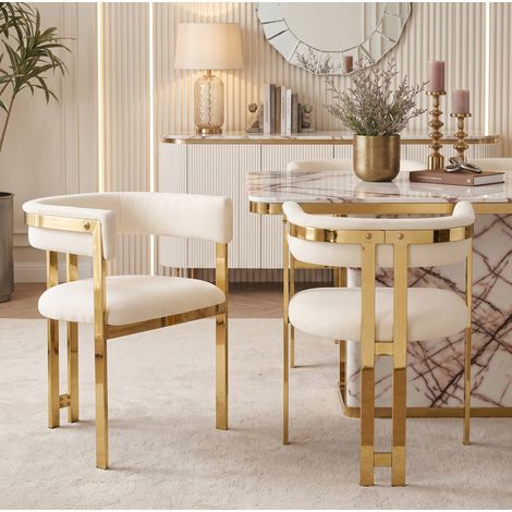2 Esszimmerstühle Beige/Gold aus Chenille mit C-förmiger Rückenlehne und elegantem Design,60x50x76cm (1/5)