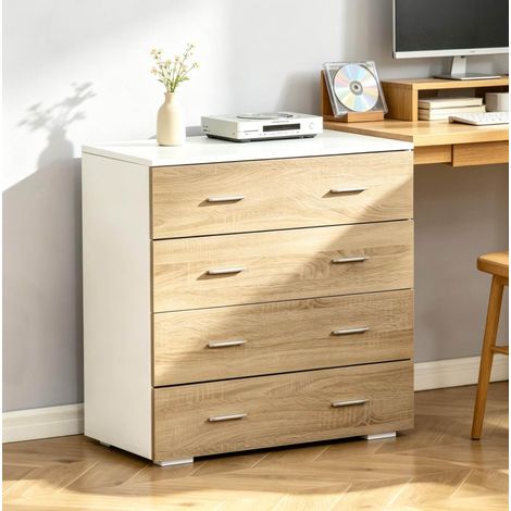 Commode 4 tiroirs 76x35x72 cm en bois blanc et bois clair, avec rangement pour chambre FloraGrace (1/5)