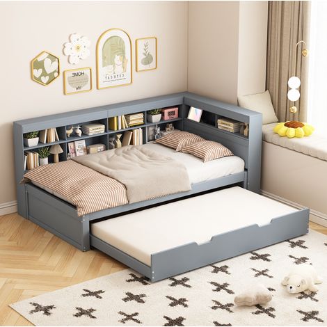 Divano letto 90x200 cm con letto estraibile USB, grigio, legno, senza materasso FloraGrace (1/5)