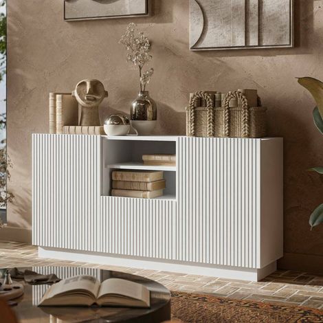 Serchio Sideboard, Wohnzimmer-Sideboard mit zwei Flügeltüren, einer Schublade und zwei offenen Fächern, Design in Riffeloptik, 150x40 h78 cm, Weiß (1/4)