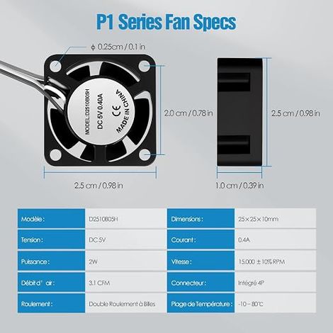 Hotend Cooling Fan for P1P/P1S, 2 Silent High Speed Fans 15000RPM - 3D Printer Hotend Cooling Accessories (1/4)