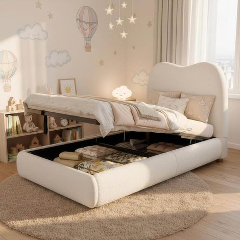 Cama tapizada 90x200 cm bouclé beige, con somier de láminas y gran almacenaje elevable (1/5)