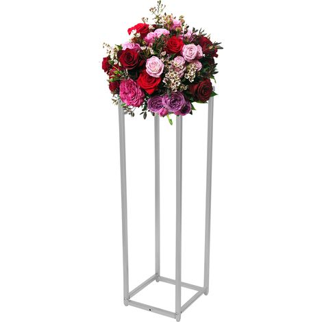 Centre de table vase support à fleurs de mariage 80 cm haut présentoir carré en métal argent pour réception cérémonie fête et événement (1/5)