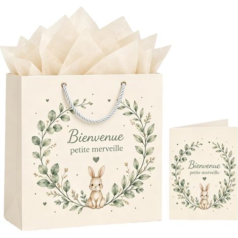 Sac Cadeau Naissance Bébé avec Carte et Papier, Baby Shower Baptême (1/5)