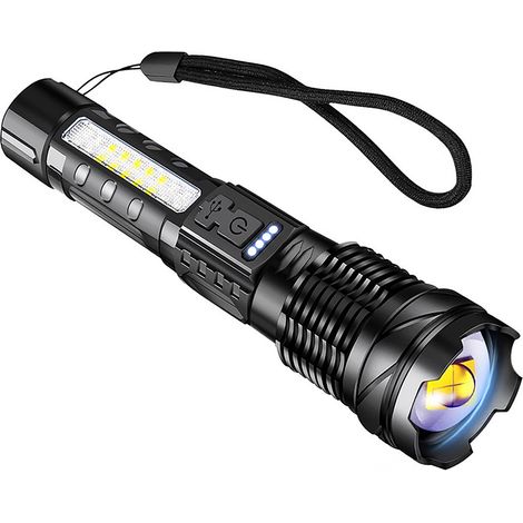 Lampe torche puissante à LED laser blanches, 2600 mAh, charge rapide USB-C, avec éclairage latéral de sécurité COB et lampe torche de travail pour le camping et la randonnée. (1/4)