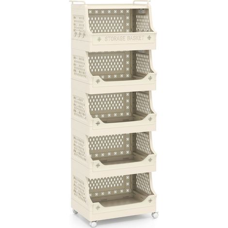 Cesta para ropa con ruedas 44,5 x 29,5 x 52,5 cm gran capacidad de almacenamiento de 6 niveles diseño ventilado PP beige 200018620