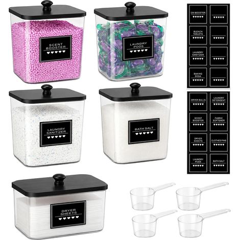 Set di scatole portaoggetti, contenitori trasparenti, etichette e misurini inclusi, colore nero. (1/2)