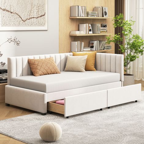 Letto singolo 90x200 cm beige imbottito con 2 cassetti e rete a doghe (1/5)