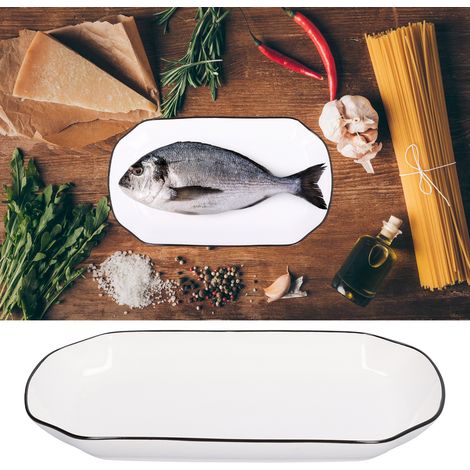 Weißer Keramik-Küchenteller, mit schwarzem Leder eingefasst, 30 cm Fischplatte. (1/5)
