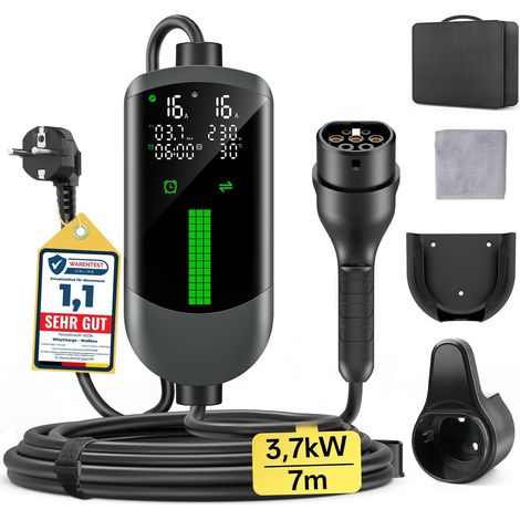 Electric Car Charger 3.7 kW – 7 M/6-16 A Electric Car Charging Cable with Wall Mount Bag, Delayed Charger, Digital LCD, IP65, Compatible with EVs(IEC 62196-2) (1/5)