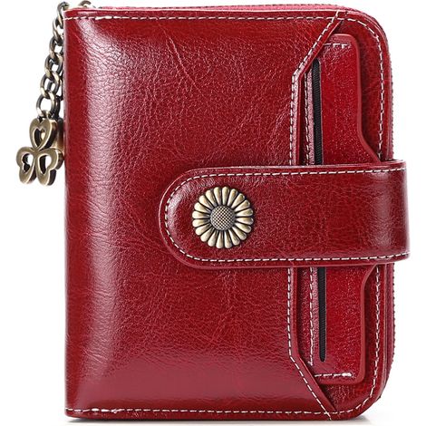 Petit porte-monnaie pour femme, en cuir véritable, avec compartiment zippé pour la monnaie, porte-cartes et protection RFID, couleur bordeaux.