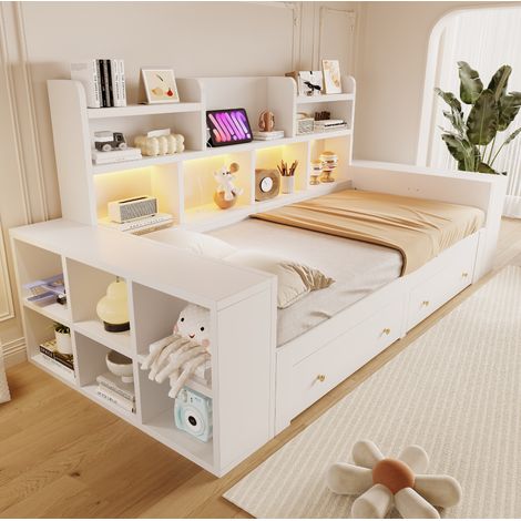 Canapé convertible avec rangement 90/180 x 200 cm, LED et prises, blanc HAVRYA (1/5)