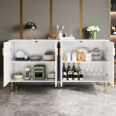Buffet 152x40x75 cm blanc en MDF avec portes ondulées, poignées dorées et dispositif anti-basculement (1/5)