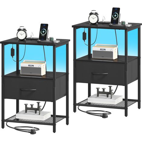 Somdot – 2 Table de Chevet LED avec Station de Charge – Dimensions 30 x 40 x 59,5 cm – 1 tiroir en Tissu – Noir
