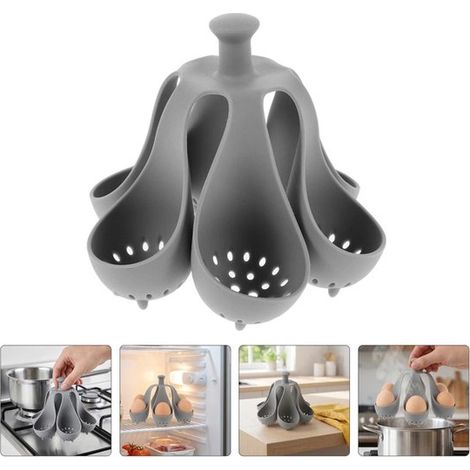 Cuiseur à œufs en silicone pour 6 œufs, avec trous de drainage, plateau de rangement et poignée, cuisson uniforme, modèle autoportant, gris (1/5)