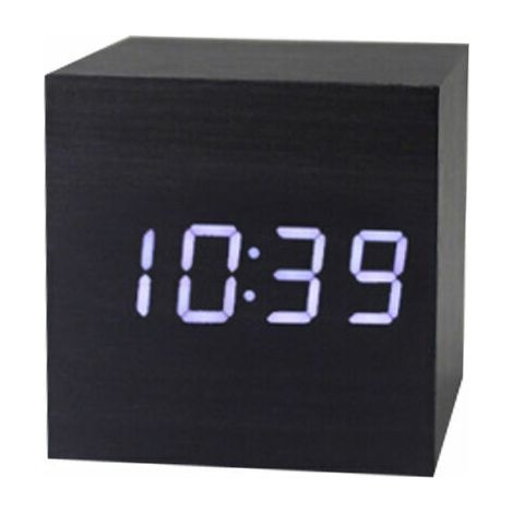 horloge en bois led horloge électronique créative horloge numérique carrée mini petit réveil thermomètre horloge de chevet(bois noir et personnages blancs) (1/4)