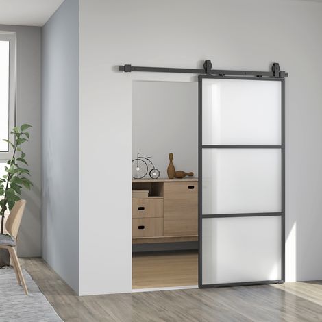 Porte coulissante avec verre dépoli, acier, montage facile, mécanisme de fermeture douce, kit de montage, système de rails, noir (1/4)