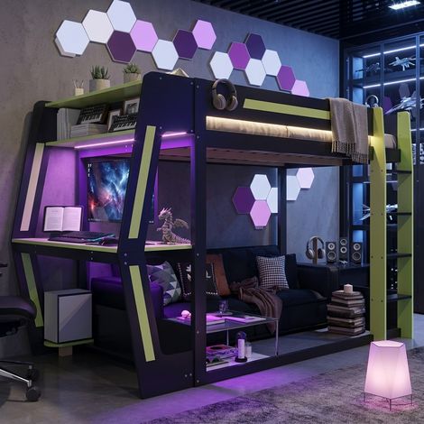Lit mezzanine gaming 120x200 cm en bois avec bureau, étagère PC, espace rangement, éclairage LED, lit surélevé ado en bois - Vert noirâtre (1/5)