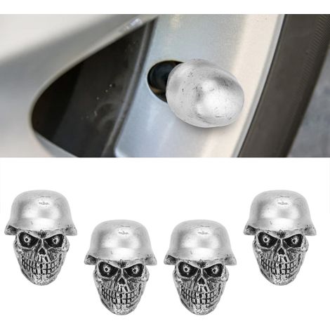 Universelle Autoreifenventilkappen mit Totenkopfmotiv, geeignet für Autos, Lkw, Fahrräder, Motorräder und Radfahrer (4 Stück, auch für Stahlhelme). Silber. (1/5)