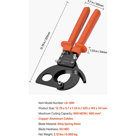VEVOR Ratcheting Cable Cutter, Spring Steel Blades with PVC-Coated Handles, Quick-Release Button, Heavy Duty Ratchet Cable Wire Cutter for Cutting Copper & Aluminum Cables Up to 800 MCM / 400 mm² (1/4)