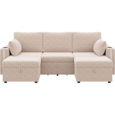 CHICFURN Sofá modular U/L de 3 plazas con 2 pufs con almacenamiento, LED ambiental, puertos USB y Type-C, portavasos, estantes y cojines, beige (1/5)