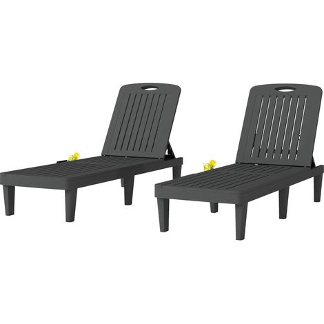 Chaise longue jardin plastique PP inclinable 5 positions avec plateau latéral gris Lot de 2