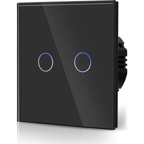 Interrupteur Tactile Normal Commutateur d'éclairage Mural Compatible avec la lumière LED Écran Tactile en Verre 110V-240V Plaque de Cristal Trempé avec Rétroéclairage Bouton 2 Gang 2 Voie Noir (1/5)