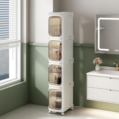 4 Niveaux Boite Rangement Plastique,Meuble Salle de Bain avec séparateurs amovibles,armoire étroite, rangement wc etroit,colonne rangement chambre,20 x 33 x 127 cm, Blanc (1/5)