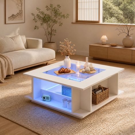 Table basse carrée 70x70x30 cm blanche avec LED et plateau en verre, panneaux de particules MEUBLIV (1/5)