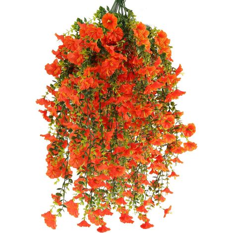 Lot de 4 fleurs artificielles en pétunia orange 80 cm – Plantes artificielles suspendues et suspendues Idéal pour la décoration de balcon et d'extérieur (1/5)