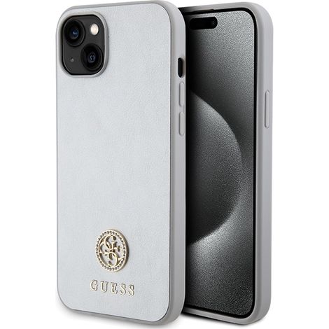 Guess Hartschalen-Hülle für iPhone 15 Plus, Strass-Metalllogo, Silber (1/5)