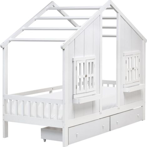 Bed with Storage Drawers White Pine Wood EU Single Size 3ft High Sleeper Children Kids Bedroom TRAPPES (1/5)