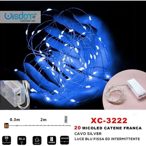 Wisdom - Catena 20 Microled A Batteria Cavo Silver Luce Blu Fissa + Intermittente Xc-3222 -