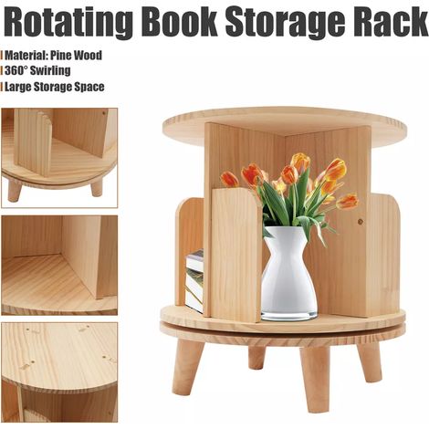 Bibliothèque de 31 cm de haut Étagère de rangement cylindrique à 1 niveau Coin de bibliothèque rotatif à 360° Rangement en bois à quatre compartiments (1/5)