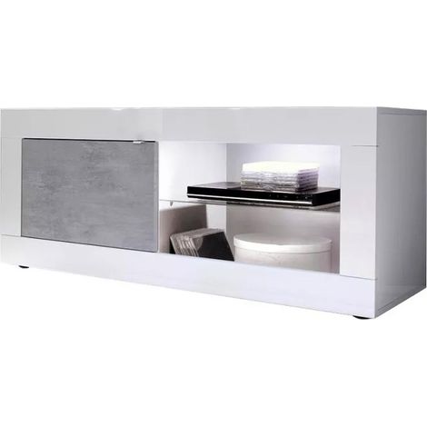 Meuble TV 1 porte, collection ISORA, coloris blanc laqué brillant et gris effet béton (1/5)