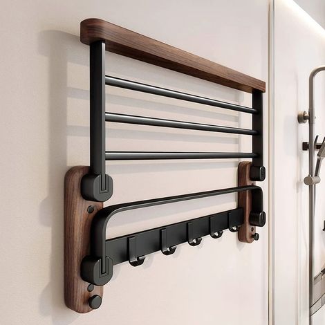 Porte-Serviettes Murale 50cm, Bois Noyer et Métal Noir, Pliable sans Perçage, Étagère avec Crochets pour Salle de Bain (1/4)