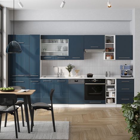 Mueble de cocina Fame-Line, Azul oscuro alto brillo/blanco, 355 cm sin encimera, Vicco