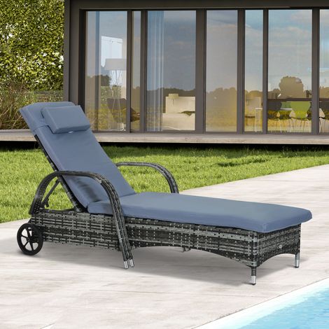 Tumbona Outsunny de poliratán, tumbona de jardín con respaldo ajustable en 5 posiciones, cojín, ruedas, almohada, capacidad de peso de 160 kg, tumbona relajante, silla de jardín, 200x73x30-103cm, gris (1/5)